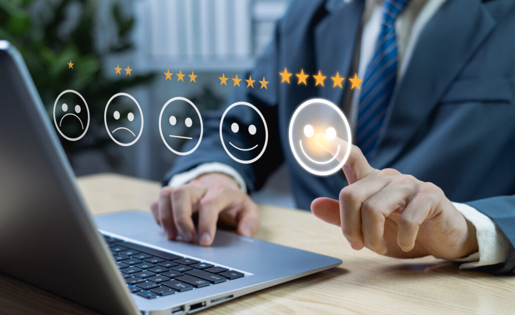 Online customer satisfaction ratings for product and service experience. Feedback survey concept for service improvement, business performance evaluation and reputation ranking.